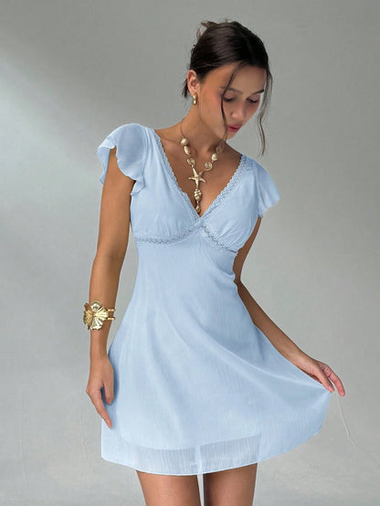 Aloruh Elegant Charming Ruffle Sleeve A-Line Deep V-Neck Backless Mini Dress For Women Summer Outfits Clothes Holiday Floral Vacation Beach Sky Blue