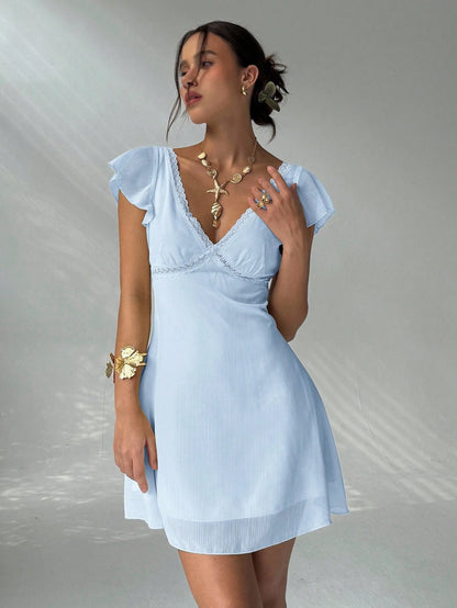 Aloruh Elegant Charming Ruffle Sleeve A-Line Deep V-Neck Backless Mini Dress For Women Summer Outfits Clothes Holiday Floral Vacation Beach Sky Blue