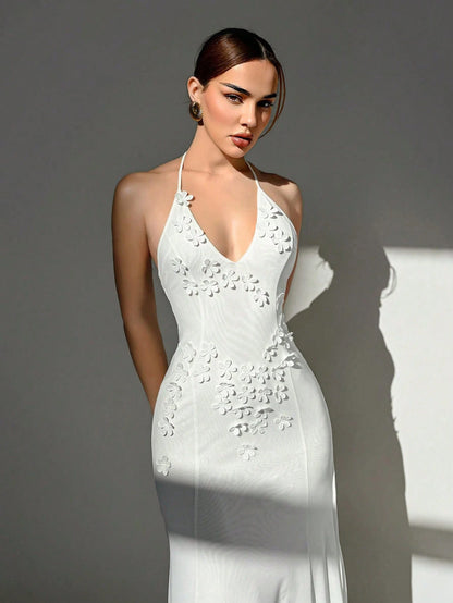 Aloruh Handmade 3D Floral Halter Tie Bodycon White Mesh Wedding Season Deep V High Slit Dress For Women