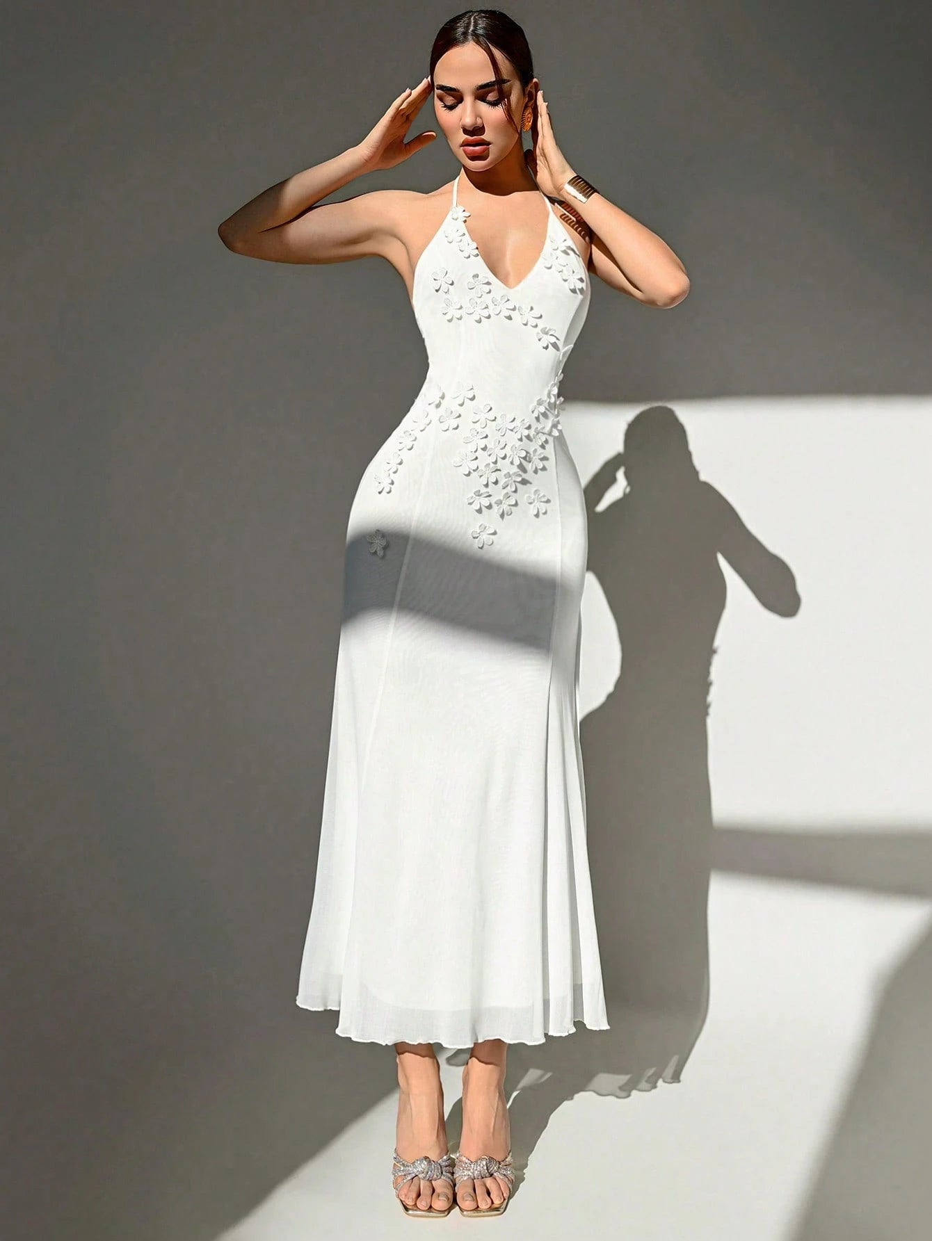 Aloruh Handmade 3D Floral Halter Tie Bodycon White Mesh Wedding Season Deep V High Slit Dress For Women