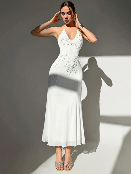 Aloruh Handmade 3D Floral Halter Tie Bodycon White Mesh Wedding Season Deep V High Slit Dress For Women