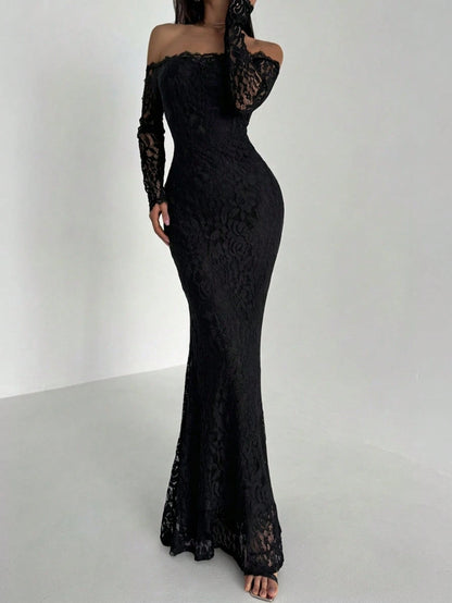 Aloruh New Sexy Lace Off Shoulder Romantic Mermaid Long Sleeve Bodycon Dress, Suitable For Cocktail Party, Date Night, Valentine's Day,Black Dress For Women