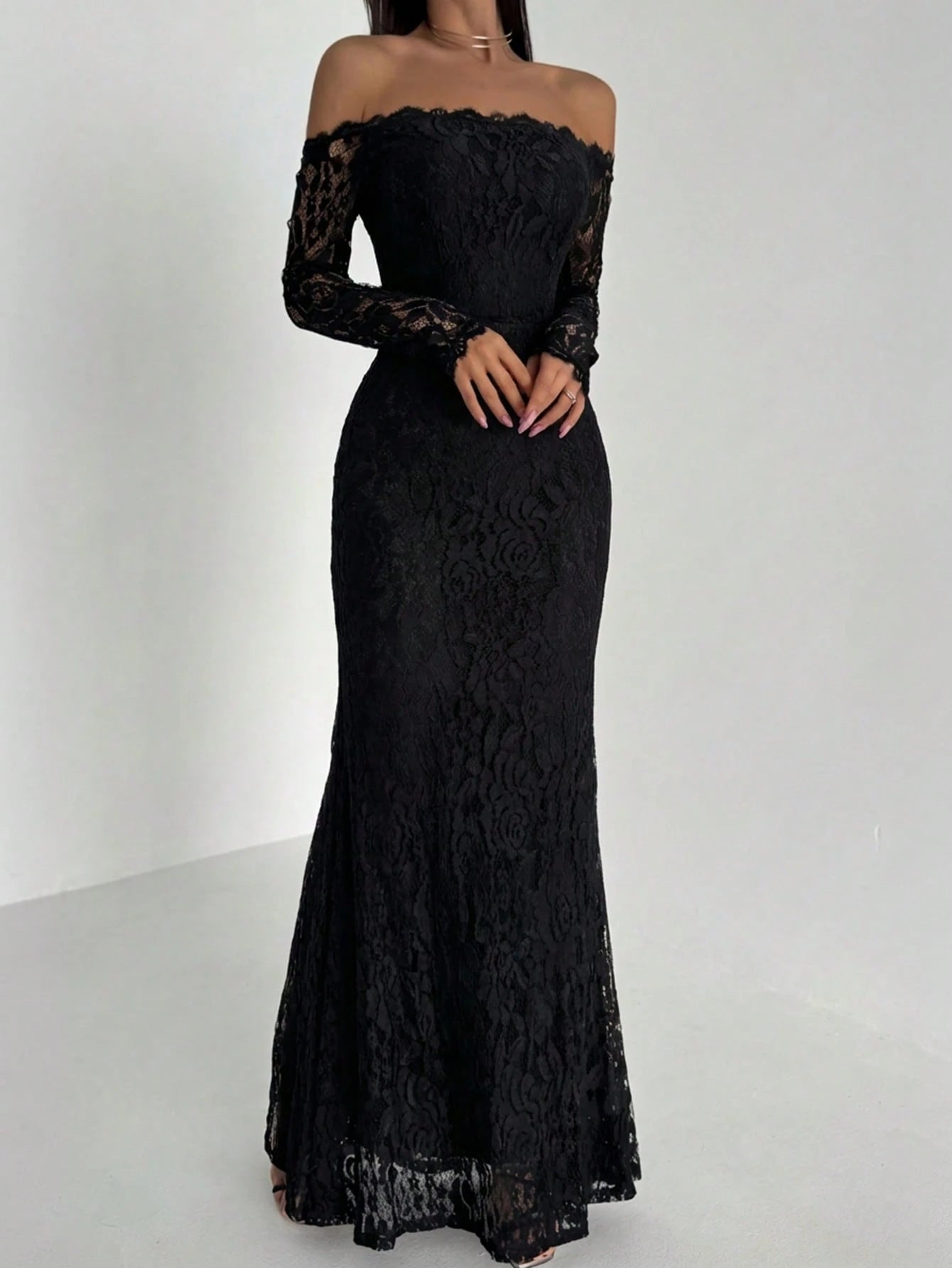 Aloruh New Sexy Lace Off Shoulder Romantic Mermaid Long Sleeve Bodycon Dress, Suitable For Cocktail Party, Date Night, Valentine's Day,Black Dress For Women