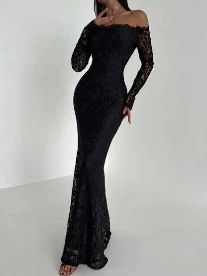 Aloruh New Sexy Lace Off Shoulder Romantic Mermaid Long Sleeve Bodycon Dress, Suitable For Cocktail Party, Date Night, Valentine's Day,Black Dress For Women