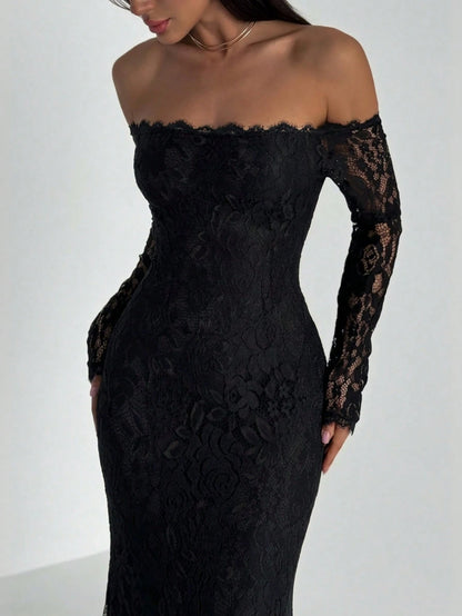 Aloruh New Sexy Lace Off Shoulder Romantic Mermaid Long Sleeve Bodycon Dress, Suitable For Cocktail Party, Date Night, Valentine's Day,Black Dress For Women