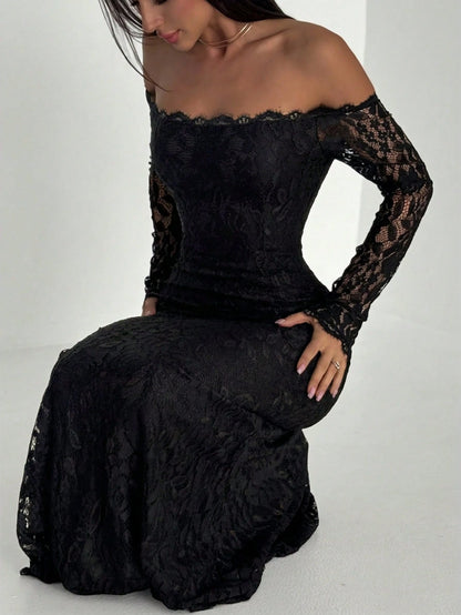 Aloruh New Sexy Lace Off Shoulder Romantic Mermaid Long Sleeve Bodycon Dress, Suitable For Cocktail Party, Date Night, Valentine's Day,Black Dress For Women