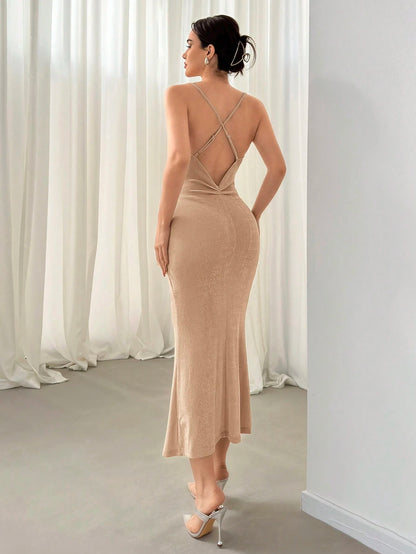 Aloruh Texture-Criss Cross Backless Bodycon Dress With Bodycon Design, For Women, Elegant Party Wear