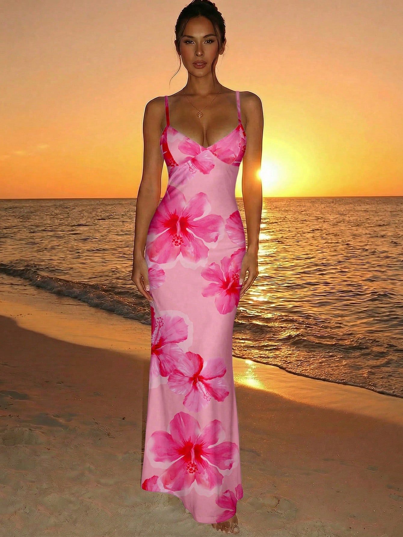 Aloruh Vacation Spaghetti Strap Tie-Up Bodycon Printed Dress For Women, Spring/Summer,Pink Dress