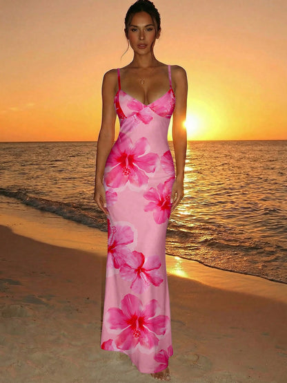 Aloruh Vacation Spaghetti Strap Tie-Up Bodycon Printed Dress For Women, Spring/Summer,Pink Dress