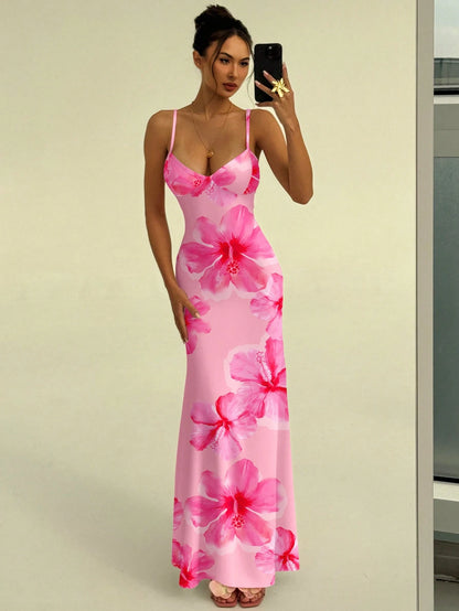Aloruh Vacation Spaghetti Strap Tie-Up Bodycon Printed Dress For Women, Spring/Summer,Pink Dress