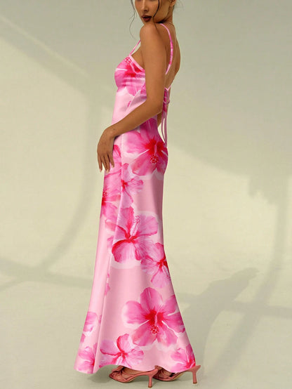 Aloruh Vacation Spaghetti Strap Tie-Up Bodycon Printed Dress For Women, Spring/Summer,Pink Dress