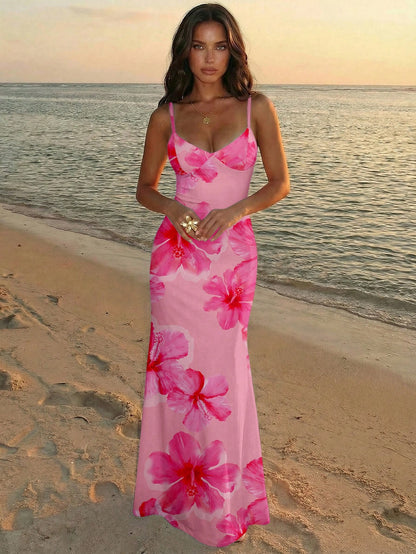 Aloruh Vacation Spaghetti Strap Tie-Up Bodycon Printed Dress For Women, Spring/Summer,Pink Dress