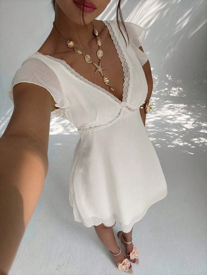 Aloruh White Summer Tropical Holiday Vacation Holiday Charming Ruffle Sleeve A-Line Deep V-Neck Backless Mini Dress Women Valentine's Day Beach Outfits