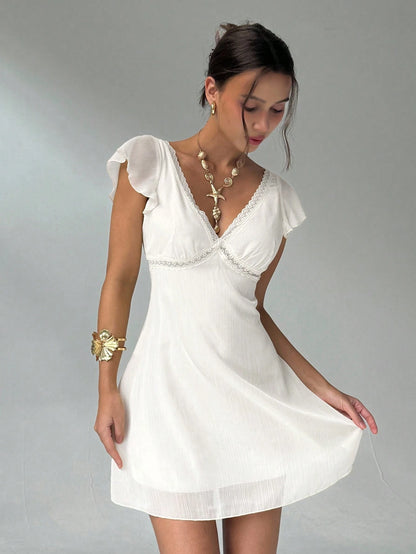 Aloruh White Summer Tropical Holiday Vacation Holiday Charming Ruffle Sleeve A-Line Deep V-Neck Backless Mini Dress Women Valentine's Day Beach Outfits
