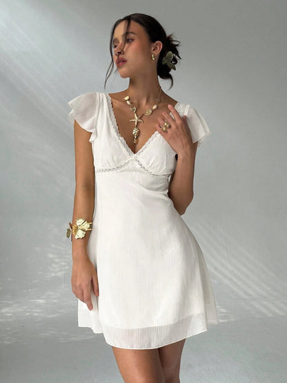 Aloruh White Summer Tropical Holiday Vacation Holiday Charming Ruffle Sleeve A-Line Deep V-Neck Backless Mini Dress Women Valentine's Day Beach Outfits