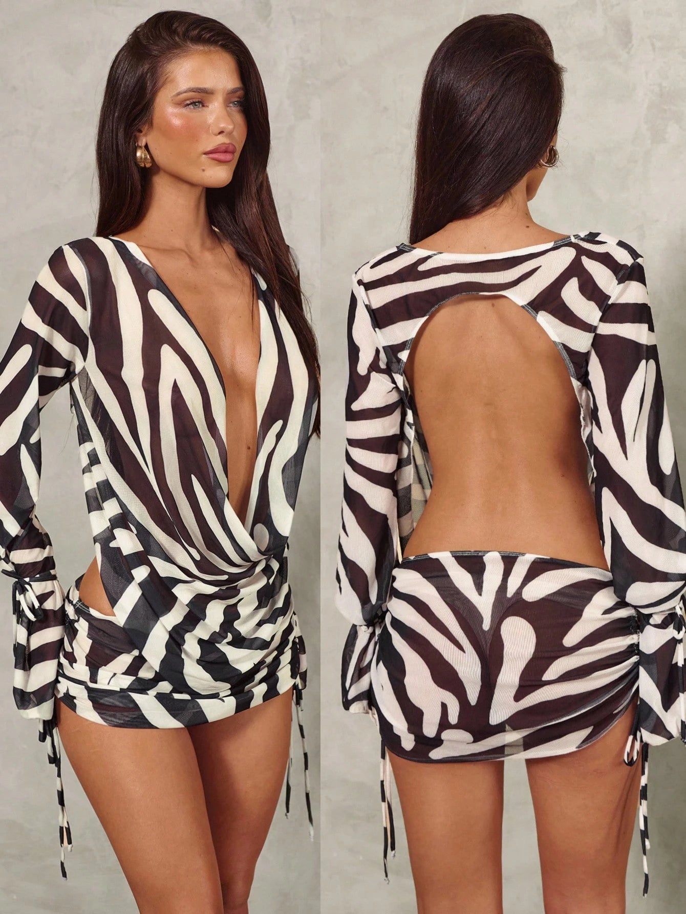 Aloruh Women's 2 Piece Swimsuit Cover Up Set,Plunge Neck Top With Mini Skirt,Zebra Print Black And White Striped,Summer,Casual,Beach,Holiday,Vacation,Holiday