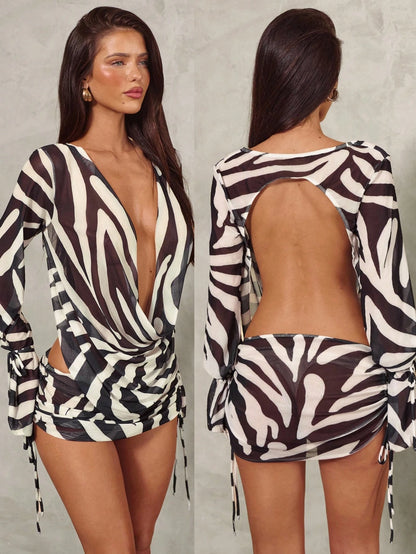 Aloruh Women's 2 Piece Swimsuit Cover Up Set,Plunge Neck Top With Mini Skirt,Zebra Print Black And White Striped,Summer,Casual,Beach,Holiday,Vacation,Holiday