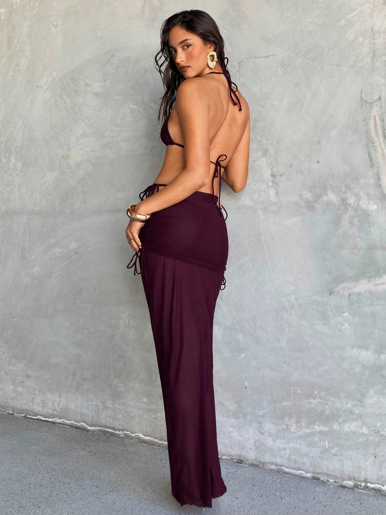 Aloruh Women's 3 Pieces Swimsuit Set,Rose Gold Metal Decor Triangle Halter Bikini With Extra Long Cover-Up Skirt,Elegant Summer Beach Holiday Holiday