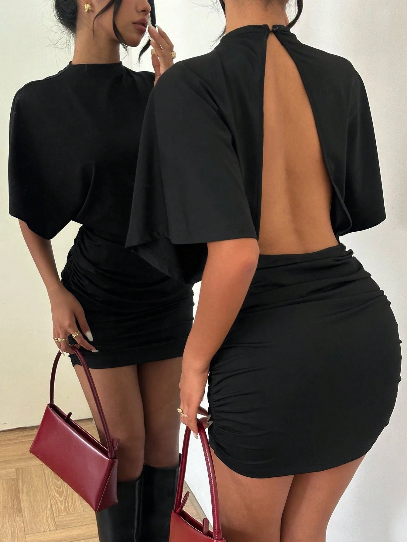 Aloruh Women's Black Summer High Neck Butterfly Sleeve Backless Ruched Mini Dress,Seksi Chic Night Club Tight Top & Dress For Y2K Outings,Daily,Casual