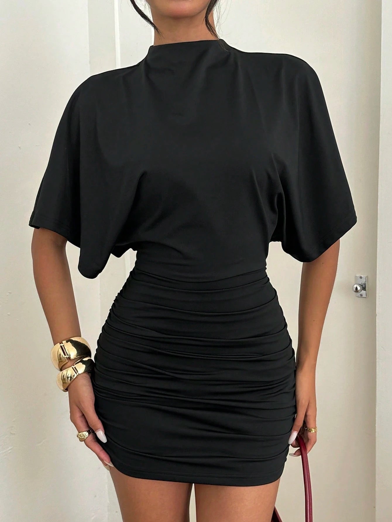Aloruh Women's Black Summer High Neck Butterfly Sleeve Backless Ruched Mini Dress,Seksi Chic Night Club Tight Top & Dress For Y2K Outings,Daily,Casual