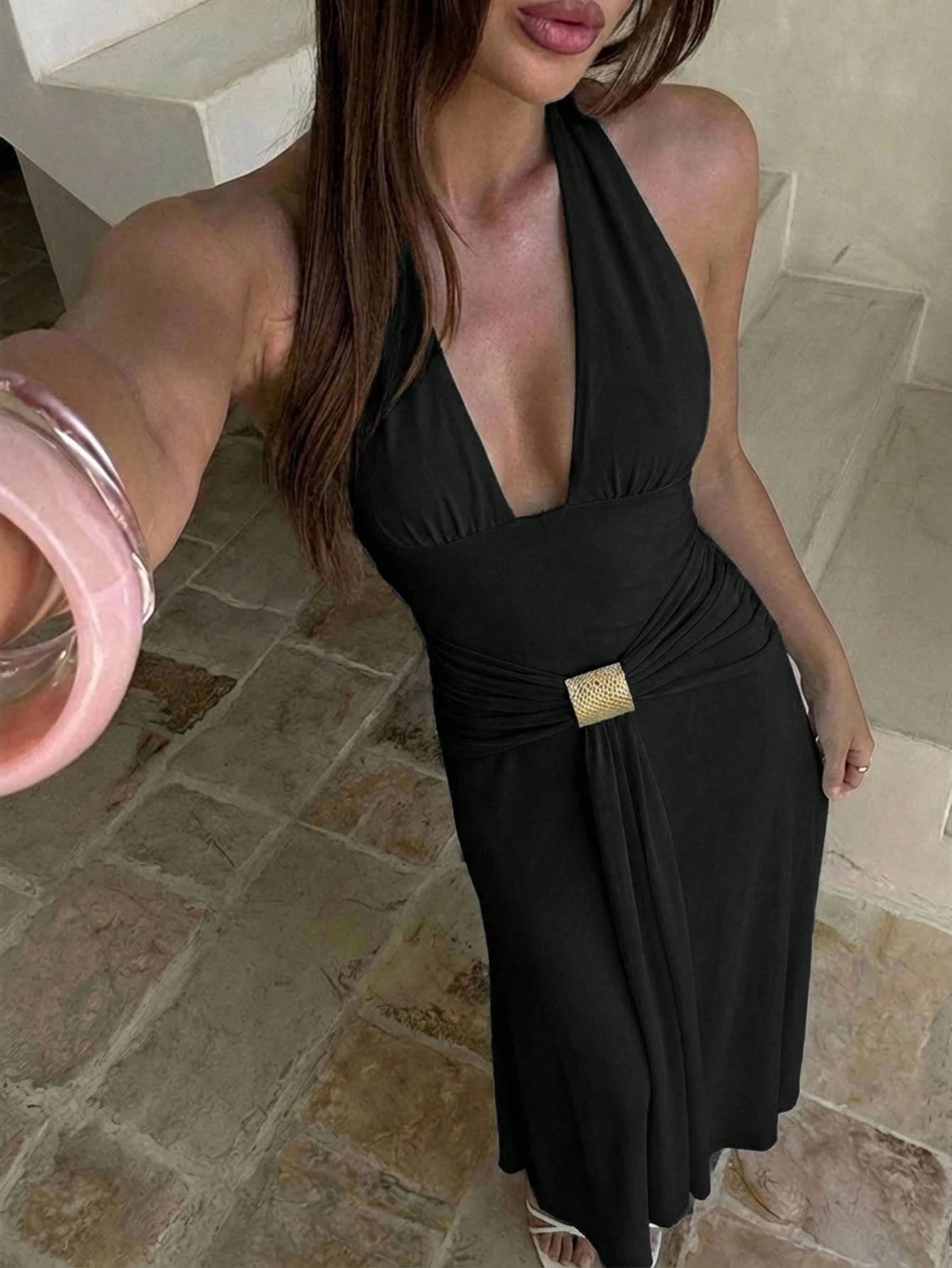 Aloruh Women's Black With Gold Detail Halter Deep V-Neck Sexy Holiday/Date Night Holiday Vacation Dress,Summer Dresses For Women,Wedding Guest Gowns,Dresses For Women Summer