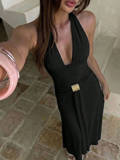 Aloruh Women's Black With Gold Detail Halter Deep V-Neck Sexy Holiday/Date Night Holiday Vacation Dress,Summer Dresses For Women,Wedding Guest Gowns,Dresses For Women Summer