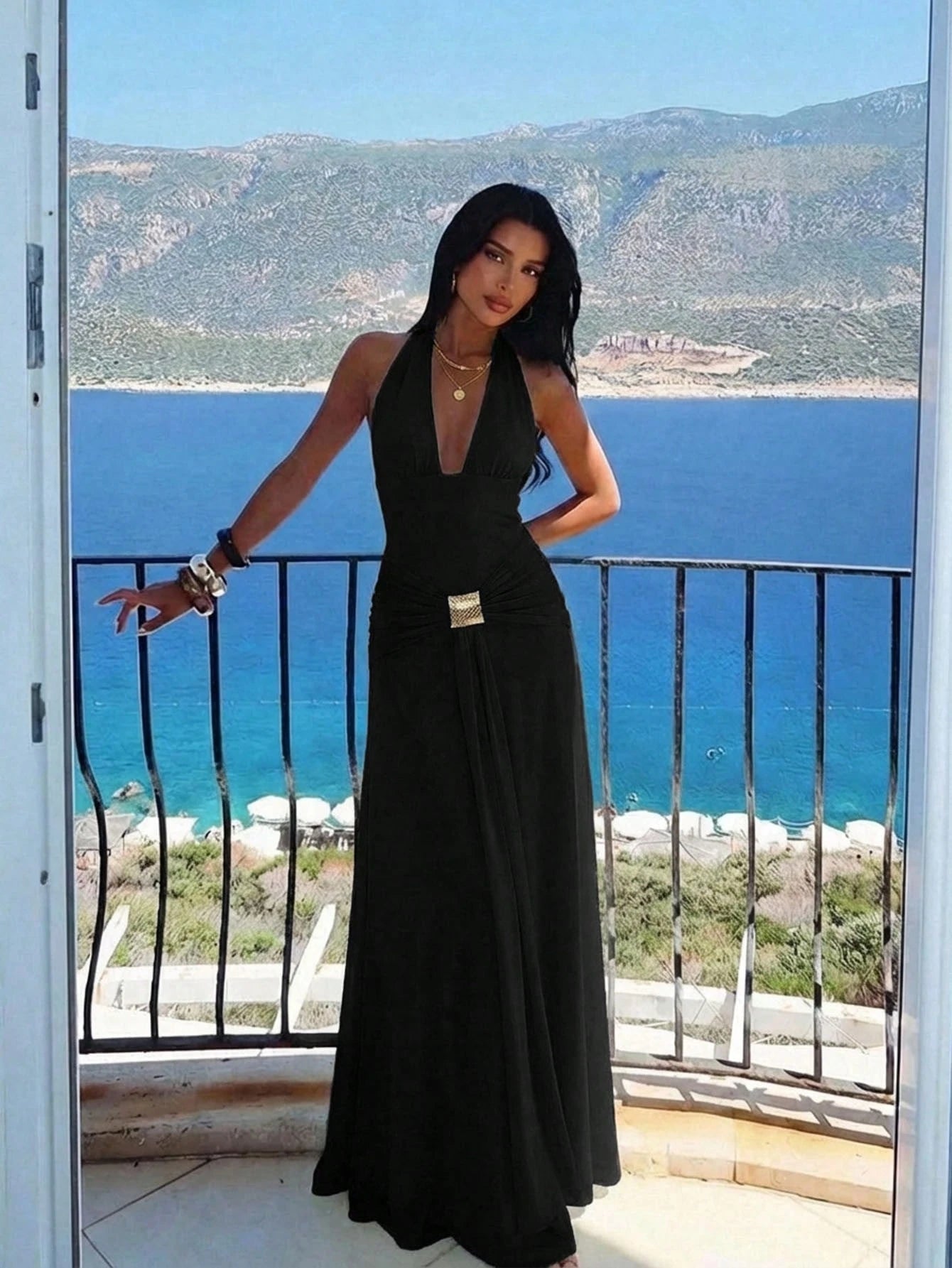 Aloruh Women's Black With Gold Detail Halter Deep V-Neck Sexy Holiday/Date Night Holiday Vacation Dress,Summer Dresses For Women,Wedding Guest Gowns,Dresses For Women Summer
