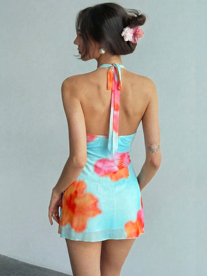 Aloruh Women's Blue And Orange Floral Mini Dress, Deep V-Neck Backless Ruffle Sundresses, Summer Casual Sexy Tropical Holiday Vacation Beach Party
