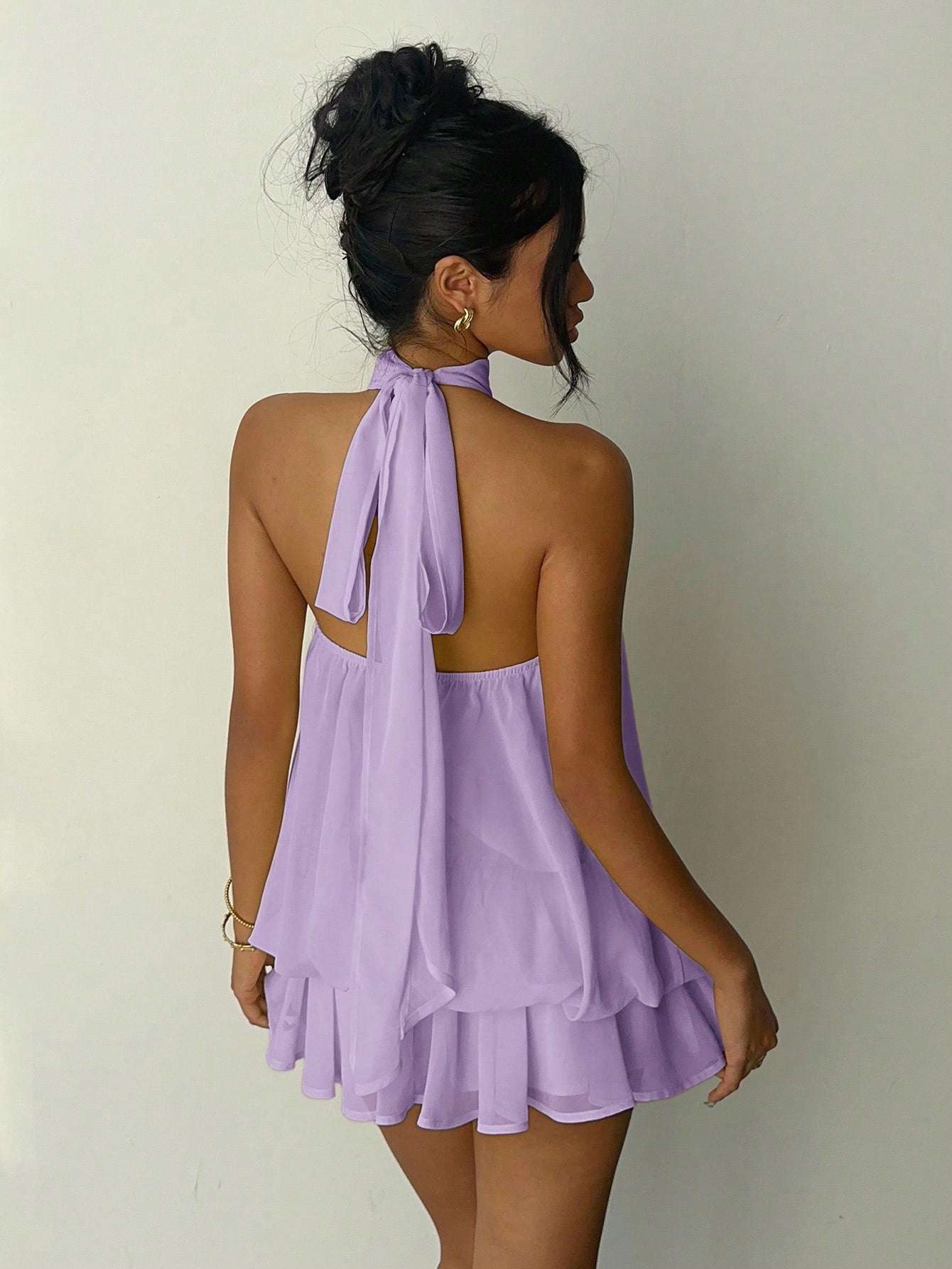 Aloruh Women's Casual Elegant Lavender Halter Neck Sleeveless A-Line Mini Dress With Button Detail Flowy Short Beach Party Outfit Summer