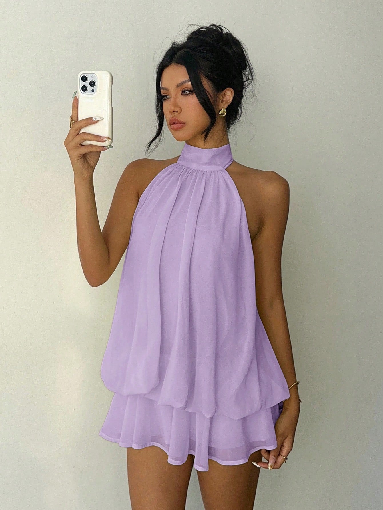 Aloruh Women's Casual Elegant Lavender Halter Neck Sleeveless A-Line Mini Dress With Button Detail Flowy Short Beach Party Outfit Summer