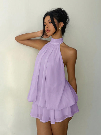 Aloruh Women's Casual Elegant Lavender Halter Neck Sleeveless A-Line Mini Dress With Button Detail Flowy Short Beach Party Outfit Summer