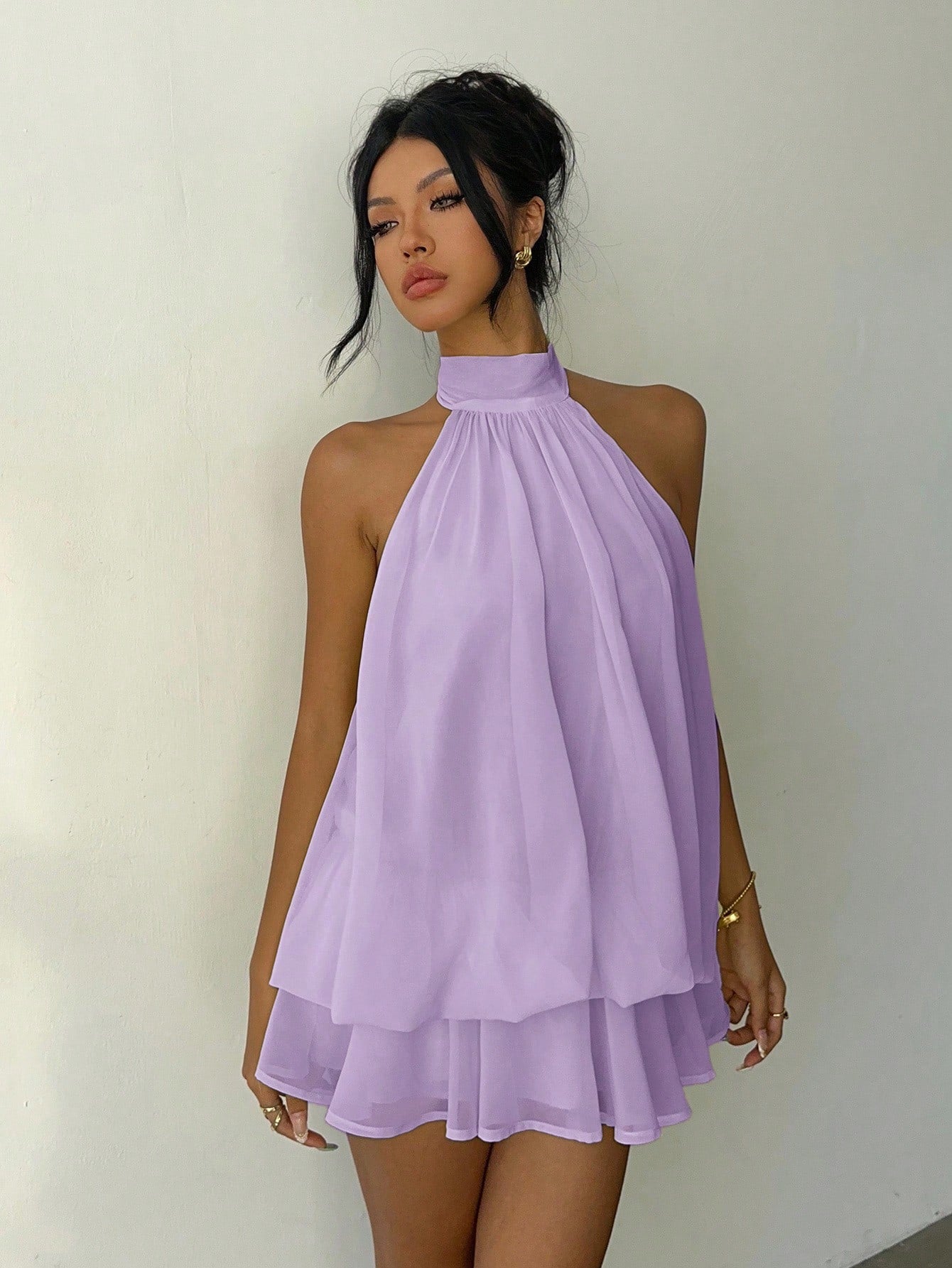 Aloruh Women's Casual Elegant Lavender Halter Neck Sleeveless A-Line Mini Dress With Button Detail Flowy Short Beach Party Outfit Summer