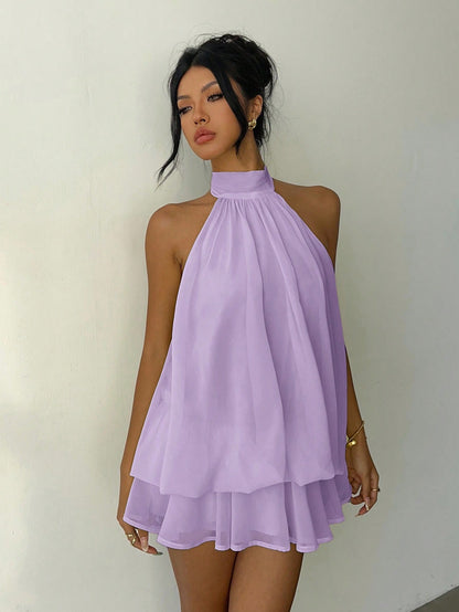 Aloruh Women's Casual Elegant Lavender Halter Neck Sleeveless A-Line Mini Dress With Button Detail Flowy Short Beach Party Outfit Summer