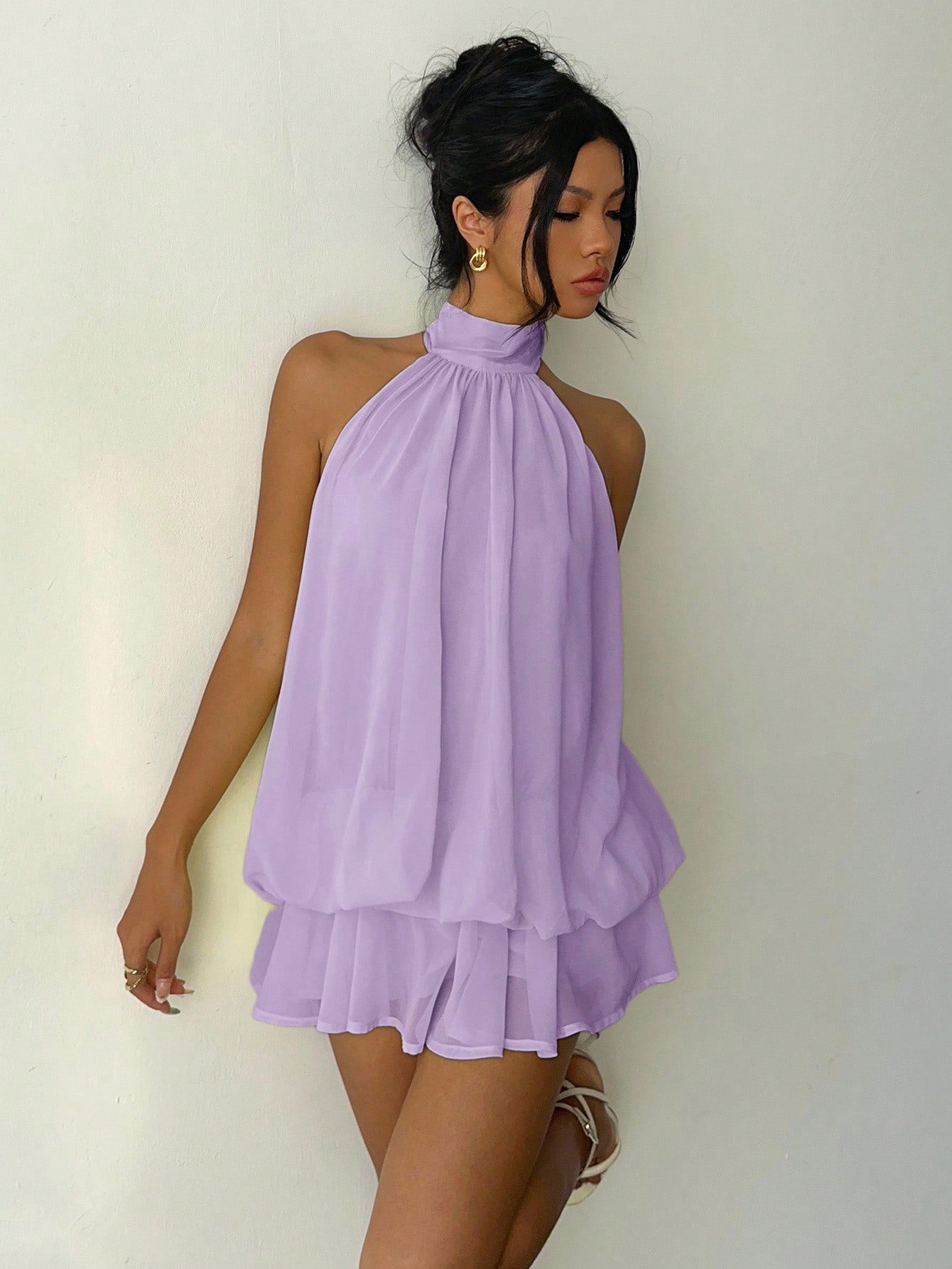 Aloruh Women's Casual Elegant Lavender Halter Neck Sleeveless A-Line Mini Dress With Button Detail Flowy Short Beach Party Outfit Summer