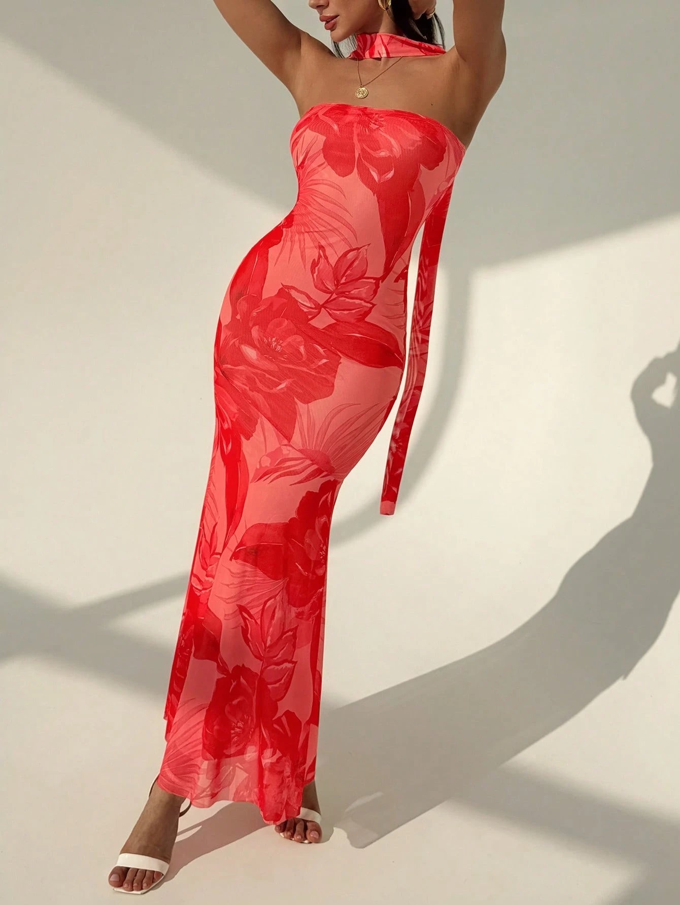 Aloruh Women's Casual Tropical Sexy Elegant Printed Maxi Dress, Red Floral Summer Flowy Vacation Holiday Resort Wear Beach, Gorgeous Island Beachwear