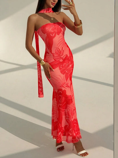 Aloruh Women's Casual Tropical Sexy Elegant Printed Maxi Dress, Red Floral Summer Flowy Vacation Holiday Resort Wear Beach, Gorgeous Island Beachwear