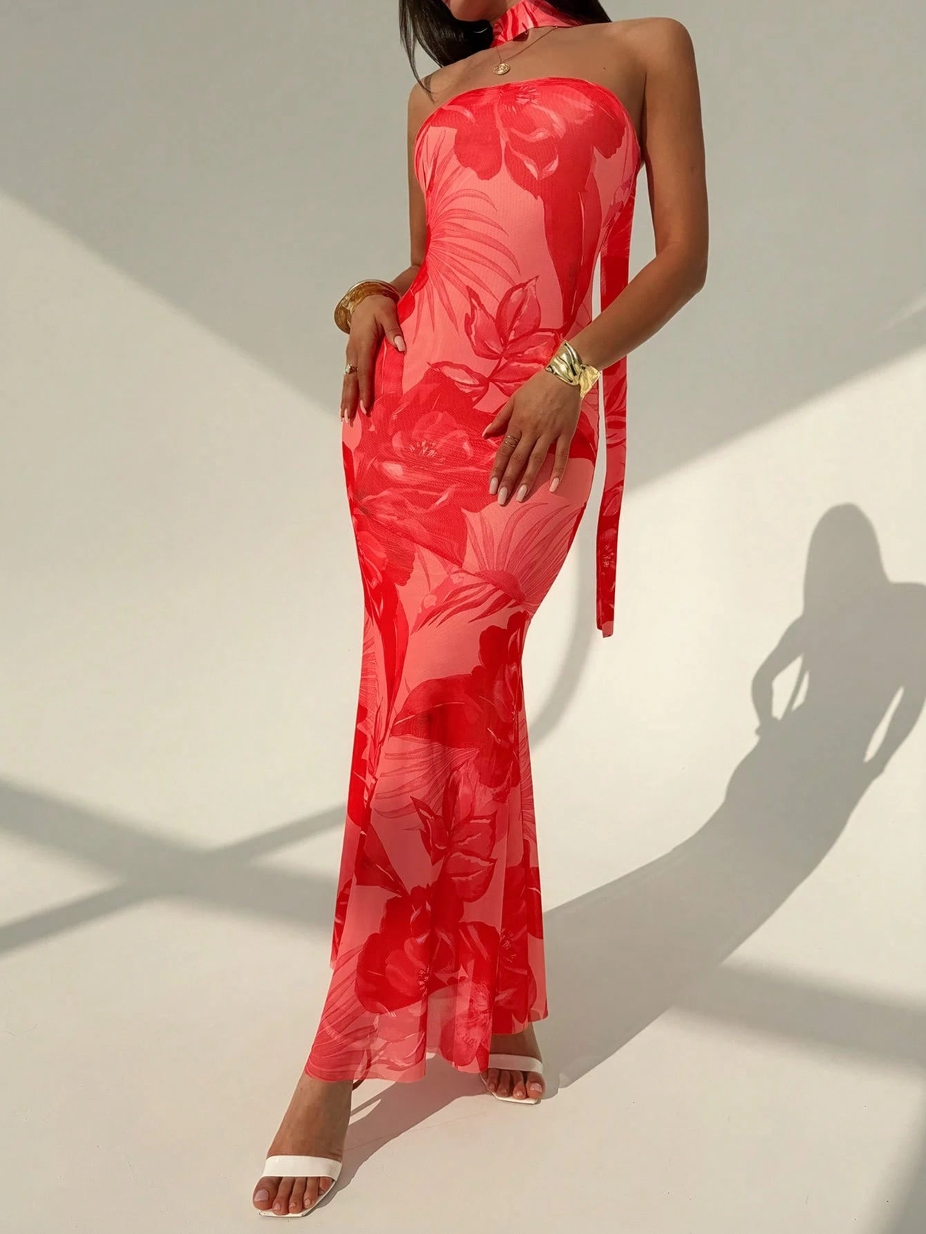 Aloruh Women's Casual Tropical Sexy Elegant Printed Maxi Dress, Red Floral Summer Flowy Vacation Holiday Resort Wear Beach, Gorgeous Island Beachwear