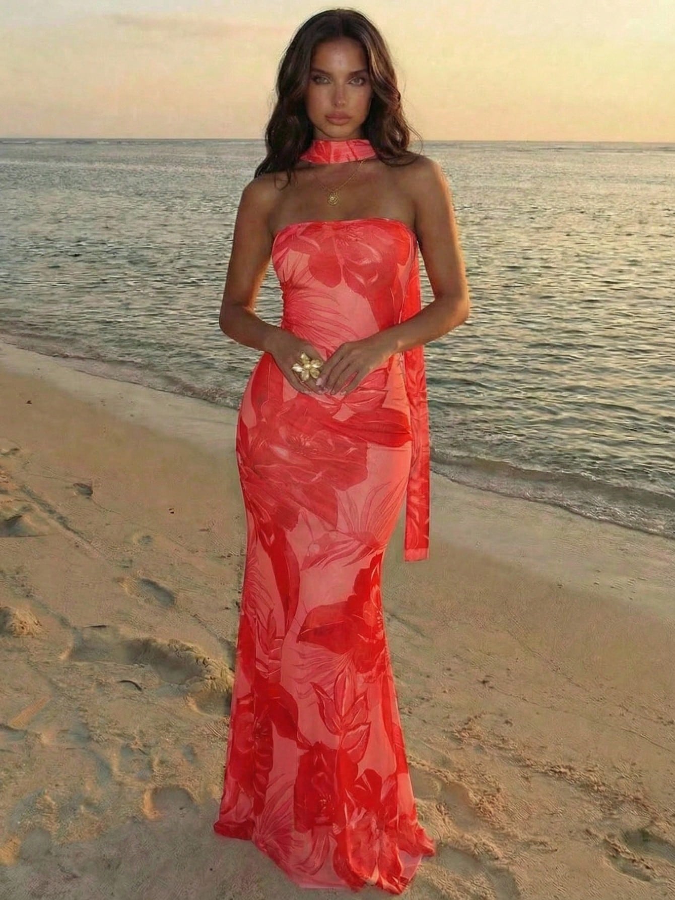 Aloruh Women's Casual Tropical Sexy Elegant Printed Maxi Dress, Red Floral Summer Flowy Vacation Holiday Resort Wear Beach, Gorgeous Island Beachwear
