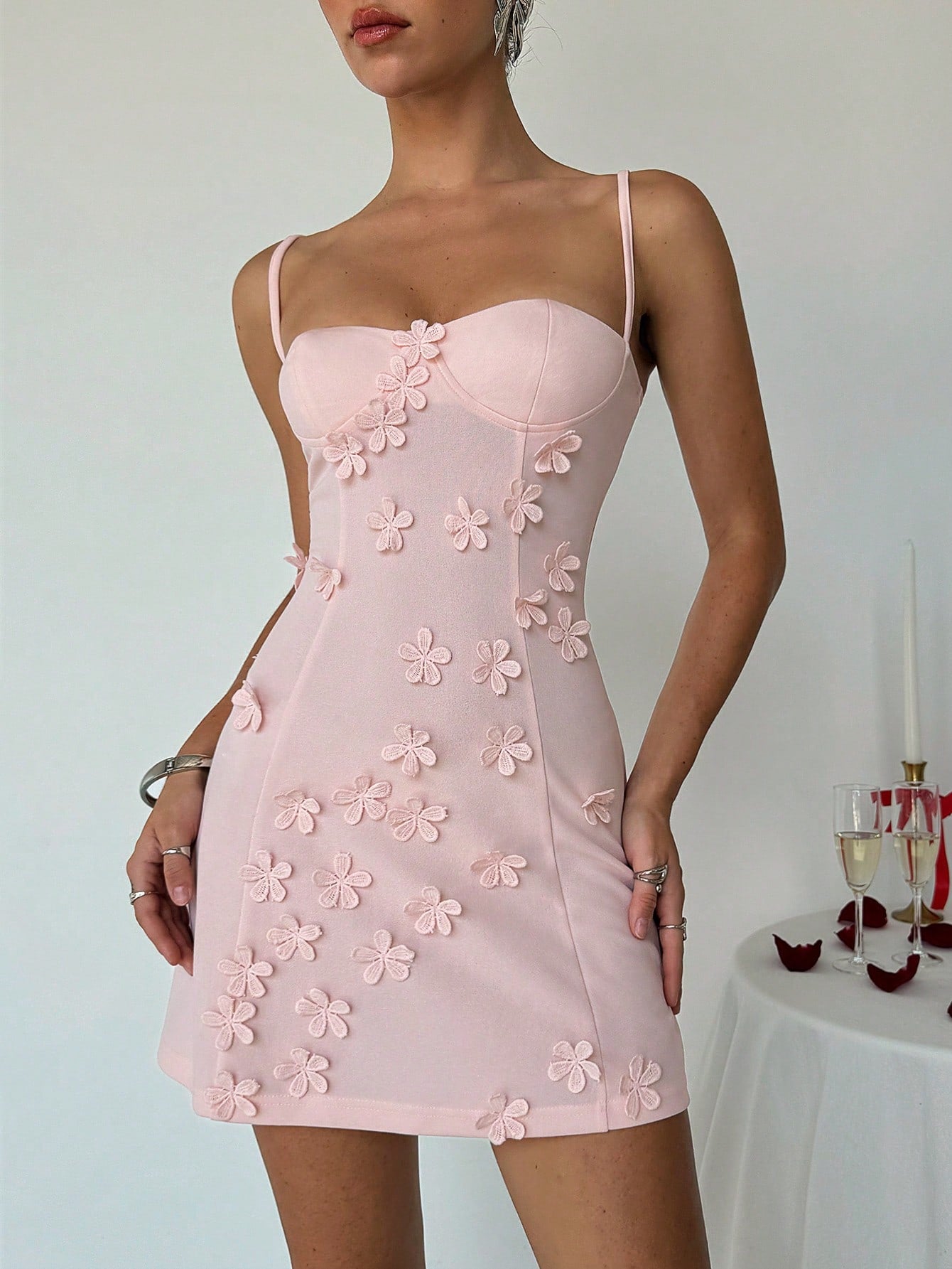 Aloruh Women's Cute YTK Small Cup Details Front Flower Embellishment Slim Fit A-Line Camisole Dress, Light Pink Elegant Resort Wear Summer
