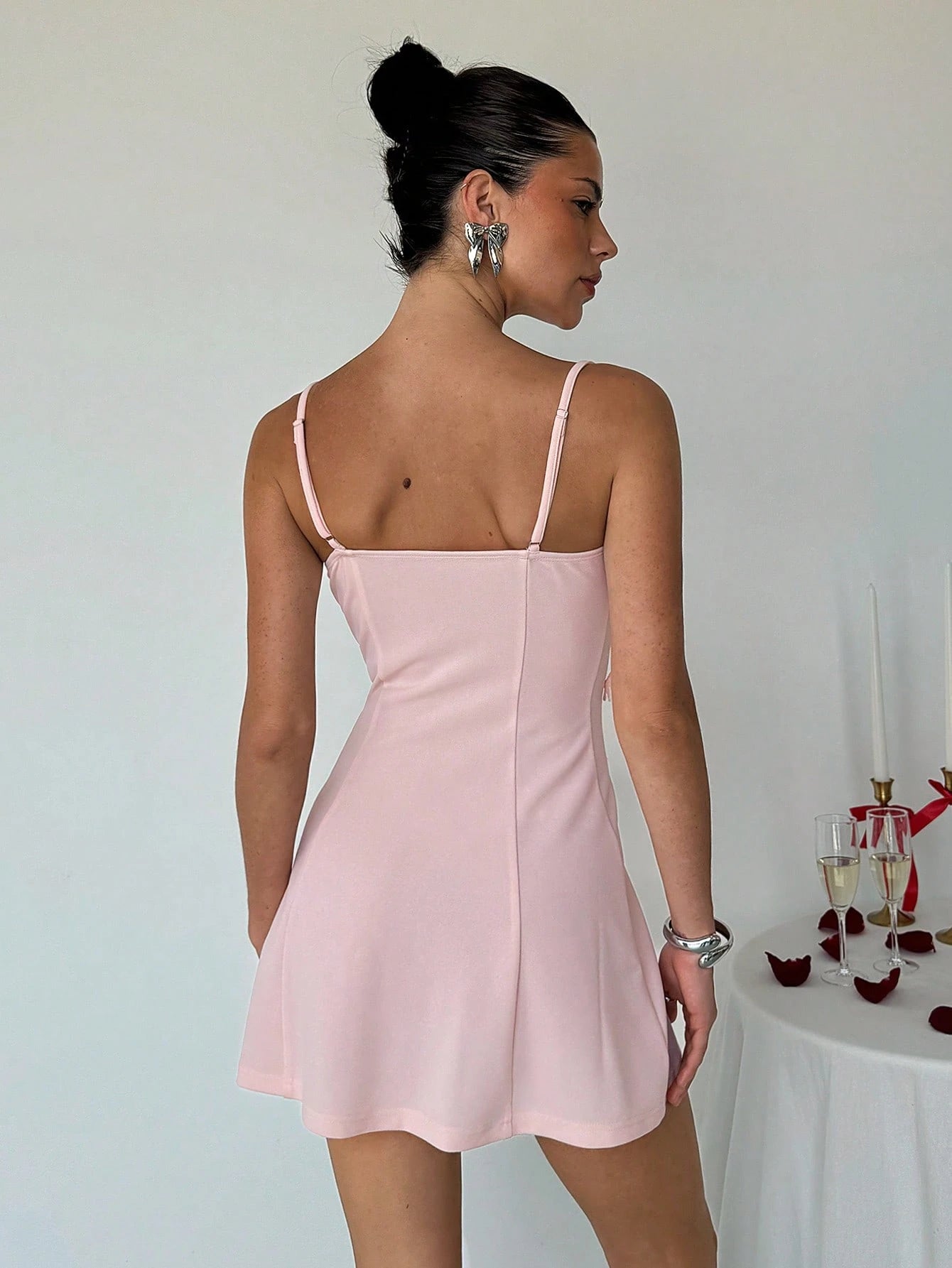 Aloruh Women's Cute YTK Small Cup Details Front Flower Embellishment Slim Fit A-Line Camisole Dress, Light Pink Elegant Resort Wear Summer