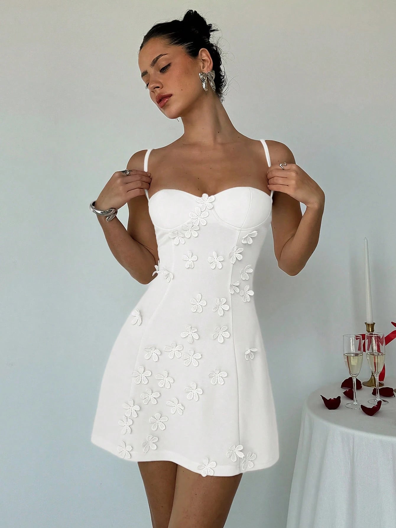 Aloruh Women's Cute YTK Small Cup Details Front Flower Embellishment Slim Fit A-Line Camisole Dress, Light Pink Elegant Resort Wear Summer