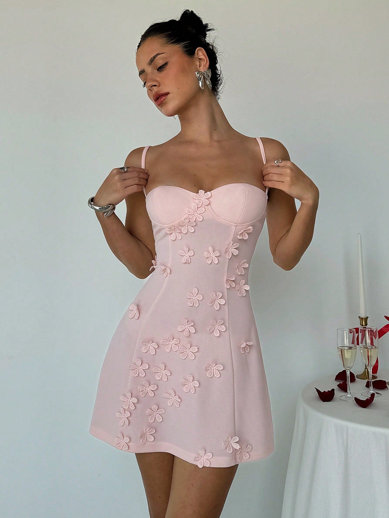 Aloruh Women's Cute YTK Small Cup Details Front Flower Embellishment Slim Fit A-Line Camisole Dress, Light Pink Elegant Resort Wear Summer
