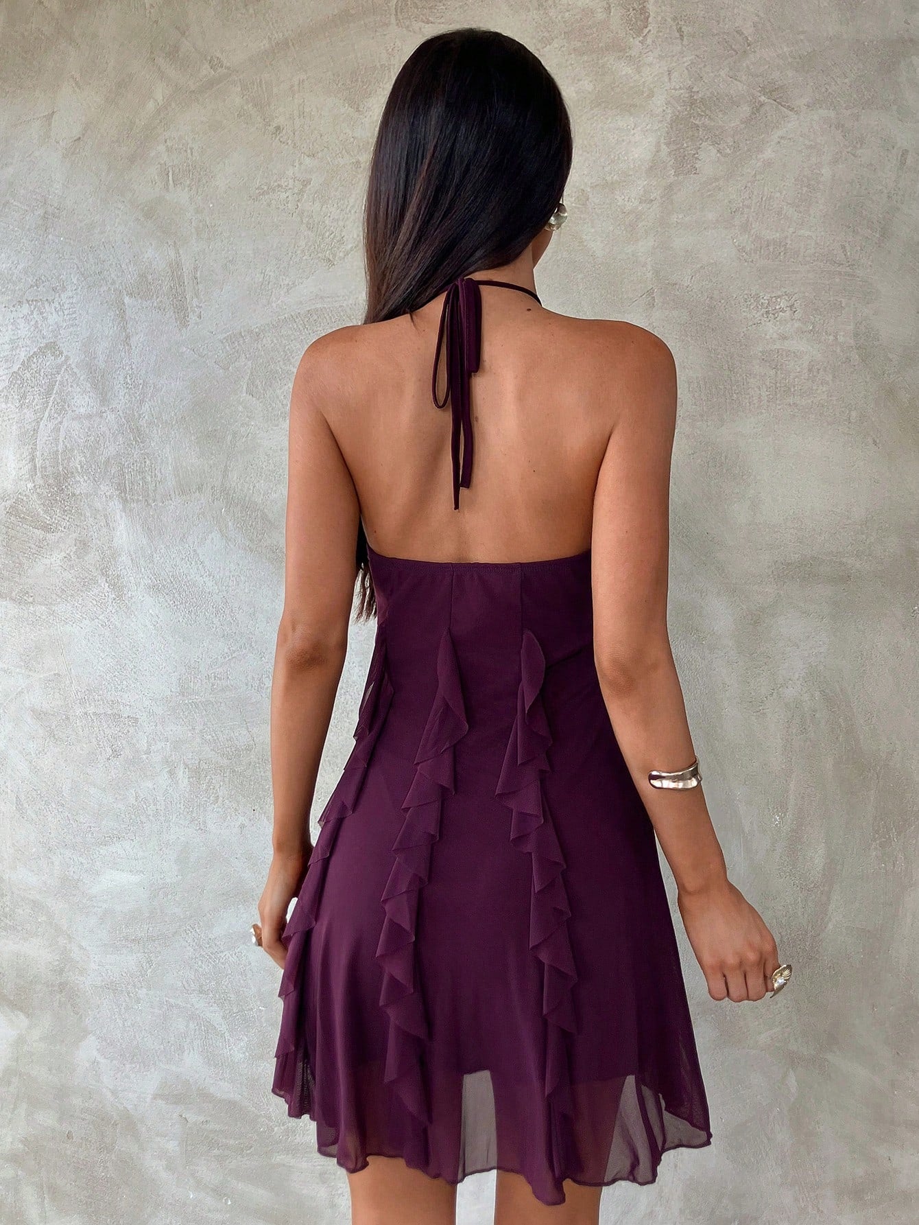 Aloruh Women's Dark Purple Mesh Halter Mini Dress With Metal Starfish Decor,Ruffle Hem,Frills,Boho Tropical Summer Holiday Party Vacation 70s Resort Wear