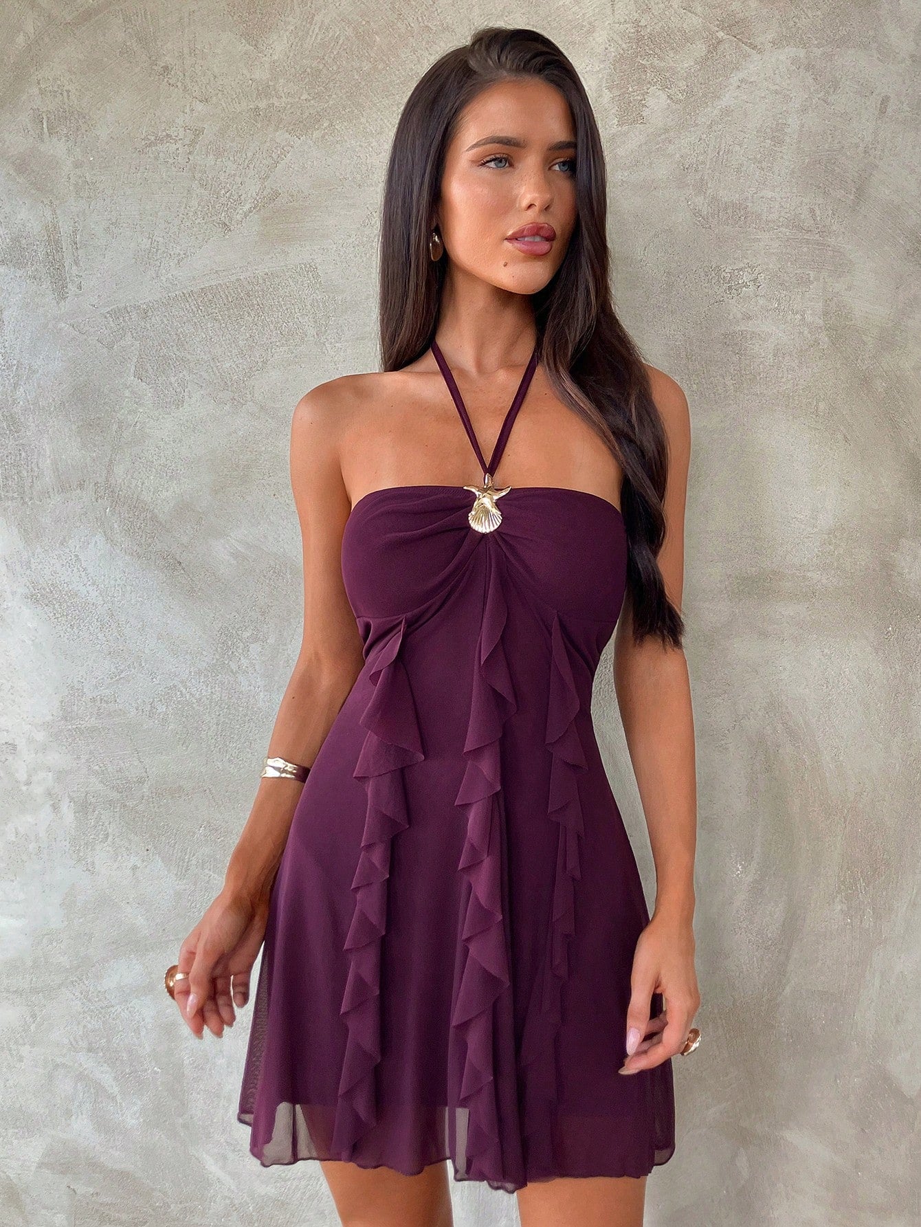 Aloruh Women's Dark Purple Mesh Halter Mini Dress With Metal Starfish Decor,Ruffle Hem,Frills,Boho Tropical Summer Holiday Party Vacation 70s Resort Wear