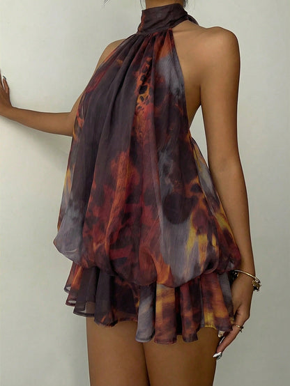 Aloruh Women's Dark Purple Summer Elegant Sexy Halter Neck Y2K Printed Short Dress,Boho Resort Wear For Bar Club Night Out Party,Country Music Festival