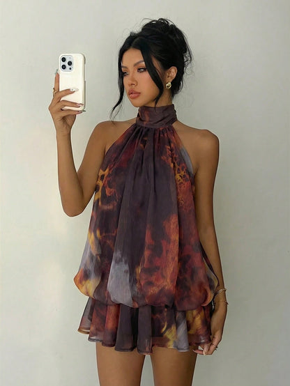 Aloruh Women's Dark Purple Summer Elegant Sexy Halter Neck Y2K Printed Short Dress,Boho Resort Wear For Bar Club Night Out Party,Country Music Festival