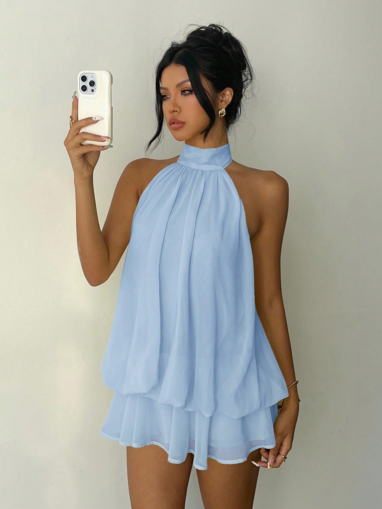 Aloruh Women's Elegant Light Yellow Halter Tie Mini Dress