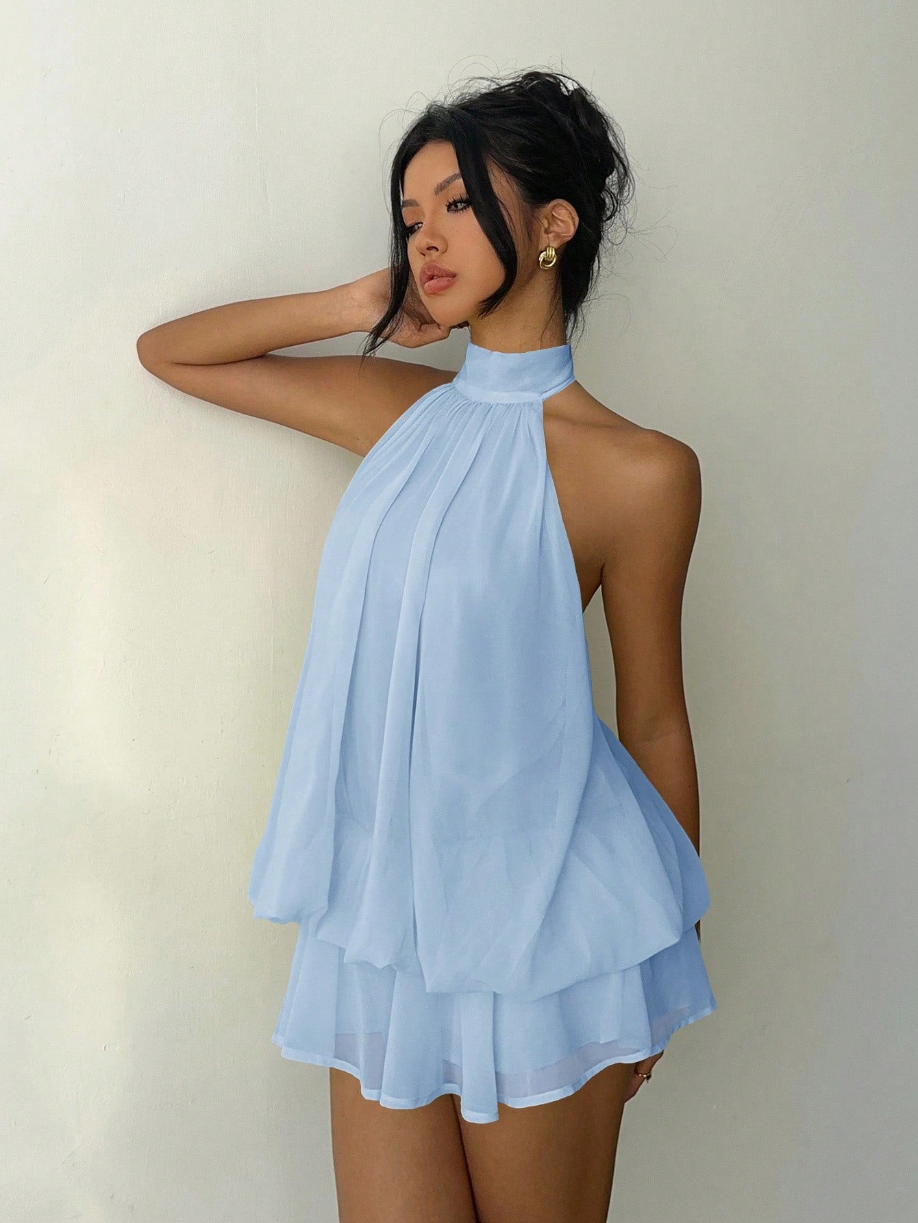 Aloruh Women's Elegant Light Yellow Halter Tie Mini Dress
