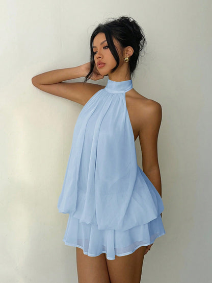 Aloruh Women's Elegant Light Yellow Halter Tie Mini Dress