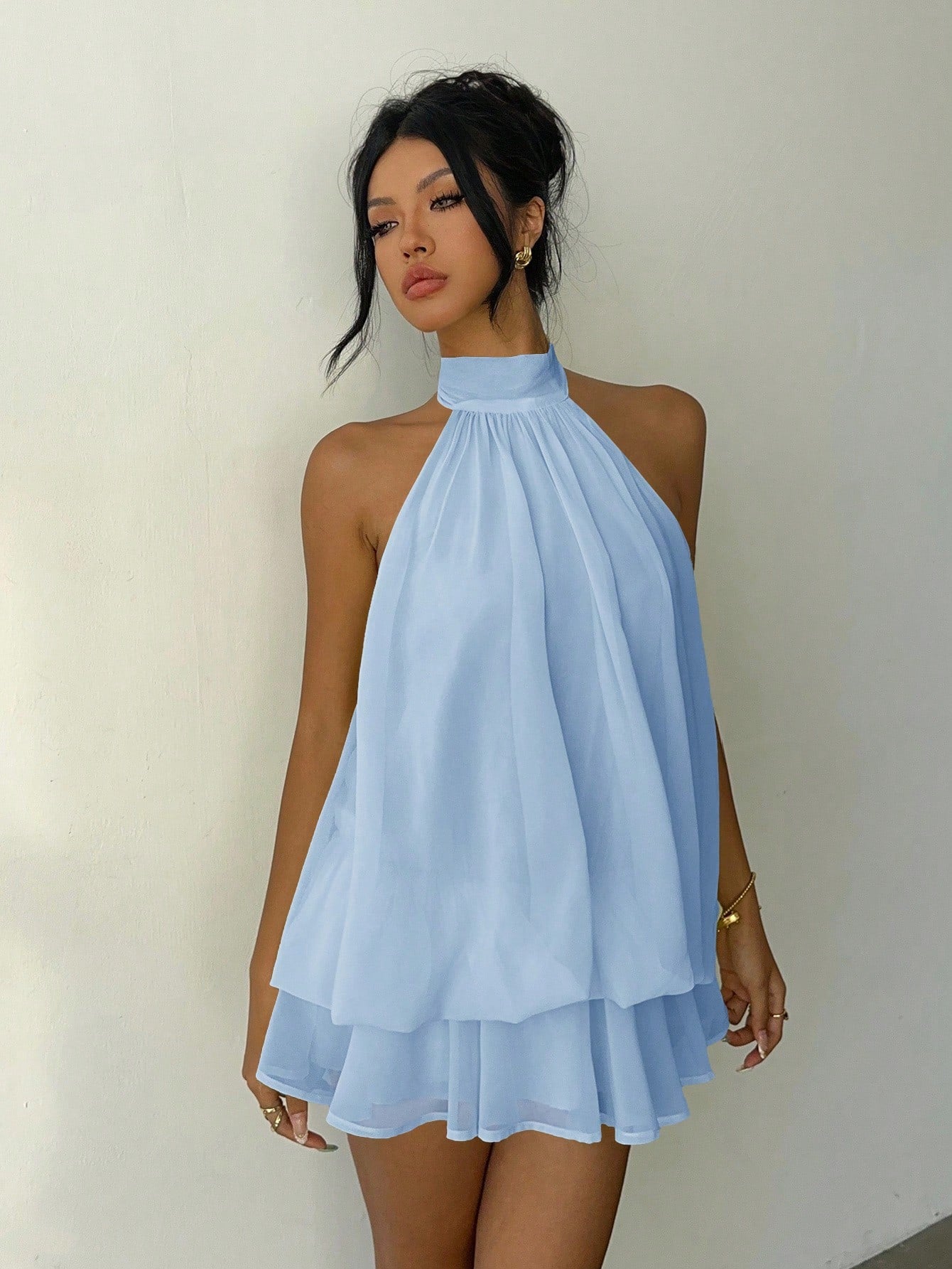 Aloruh Women's Elegant Light Yellow Halter Tie Mini Dress